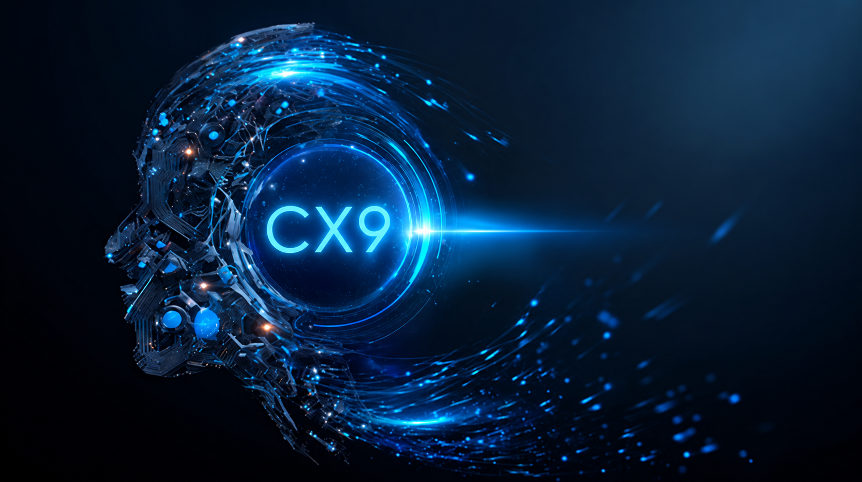 Blue cybernetic profile with a luminous CX9 core and flowing digital filaments