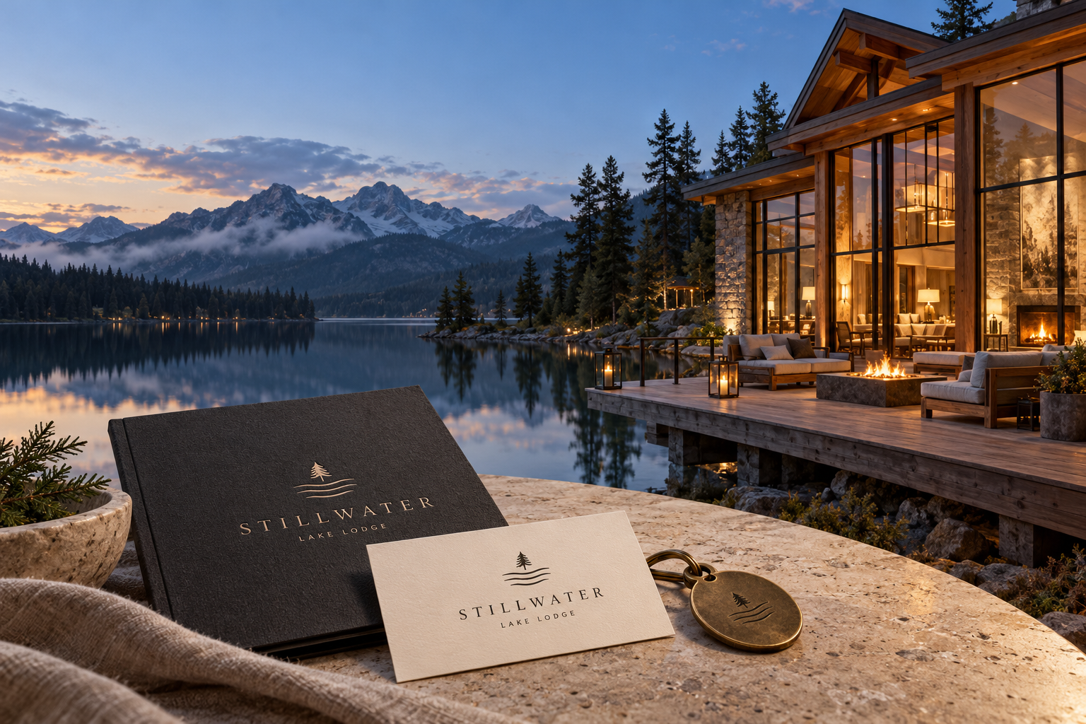 A luxury lake lodge at dusk with a bespoke Stillwater identity embossed on premium guest stationery and a brass key fob