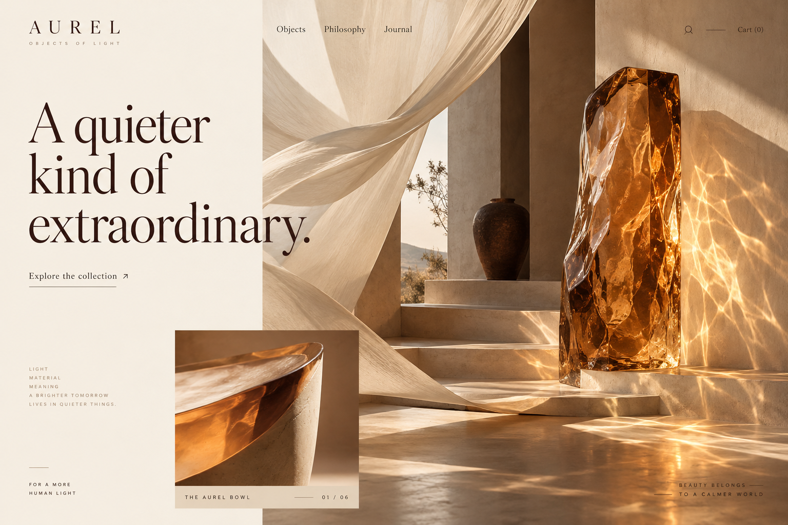Aurel luxury website concept with ivory editorial typography, suspended fabric and luminous amber glass casting sunlight across sculpted stone
