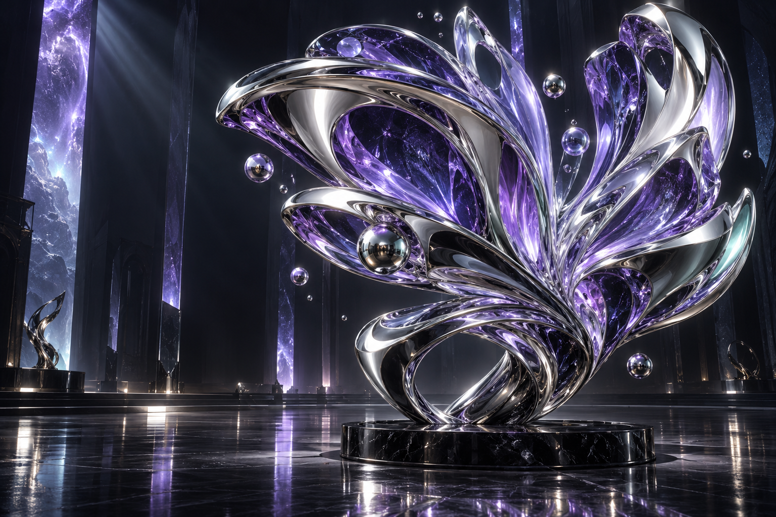 An intricate liquid chrome and violet glass sculpture suspended in an illuminated architectural gallery