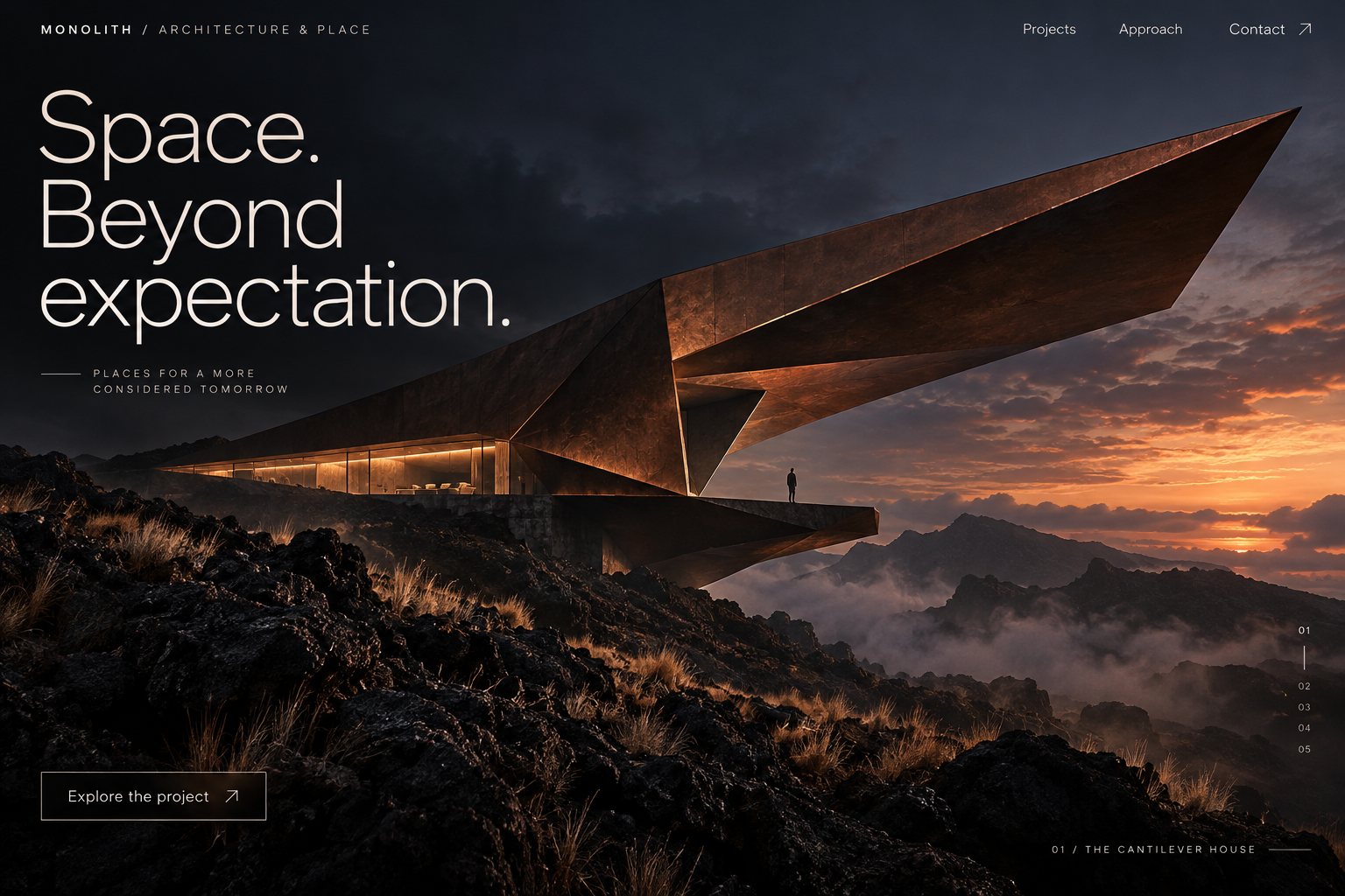 Monolith architectural website concept: monumental folded copper architecture above a volcanic landscape at sunset, with bold editorial typography