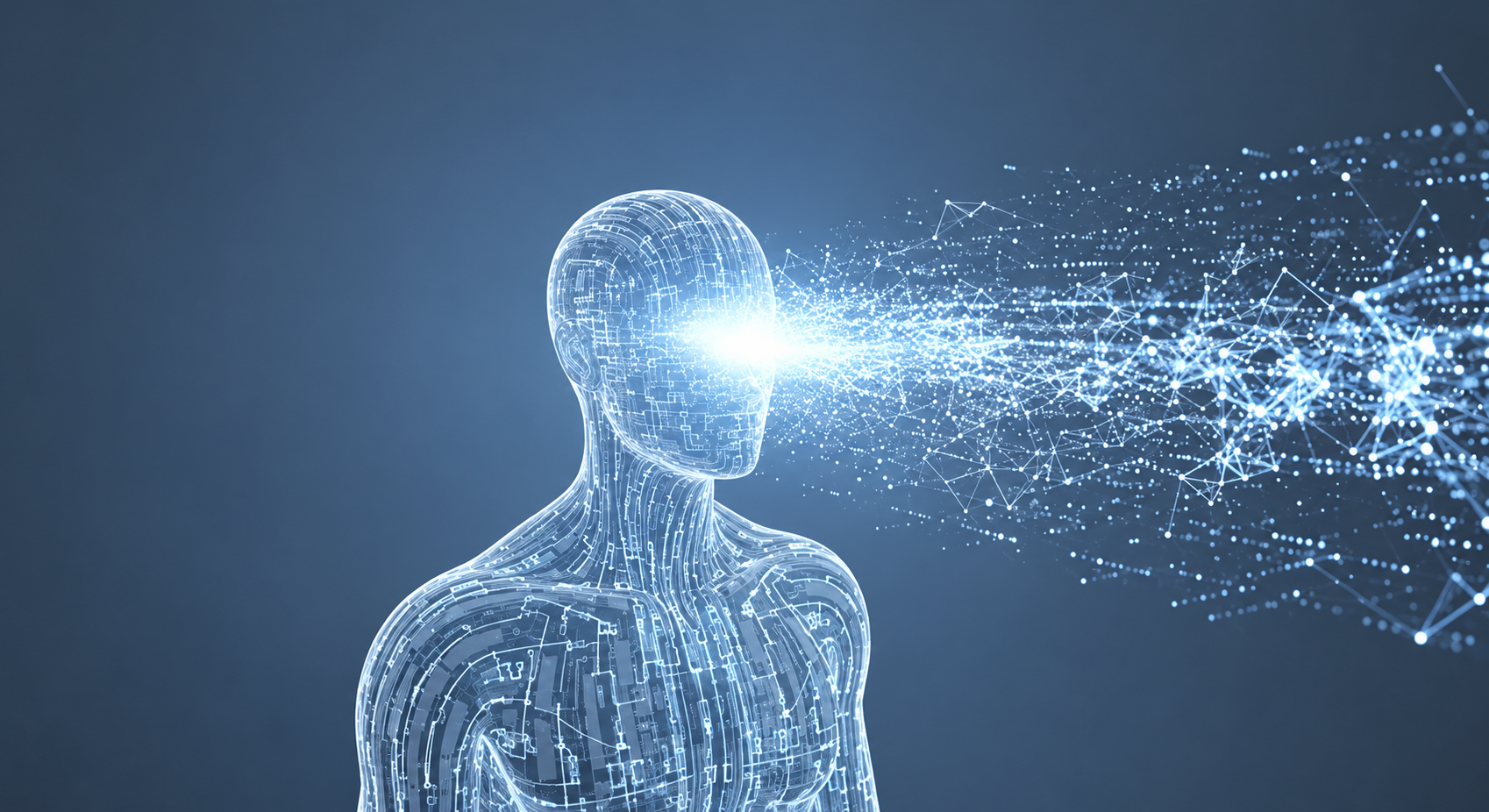 Silver digital figure projecting a radiant network of light