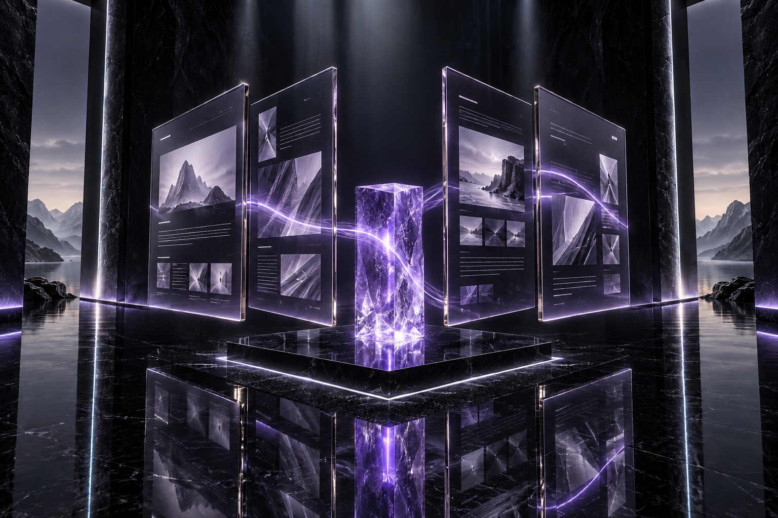 Exploded violet glass website panels connected by luminous energy in a reflective chrome architectural installation