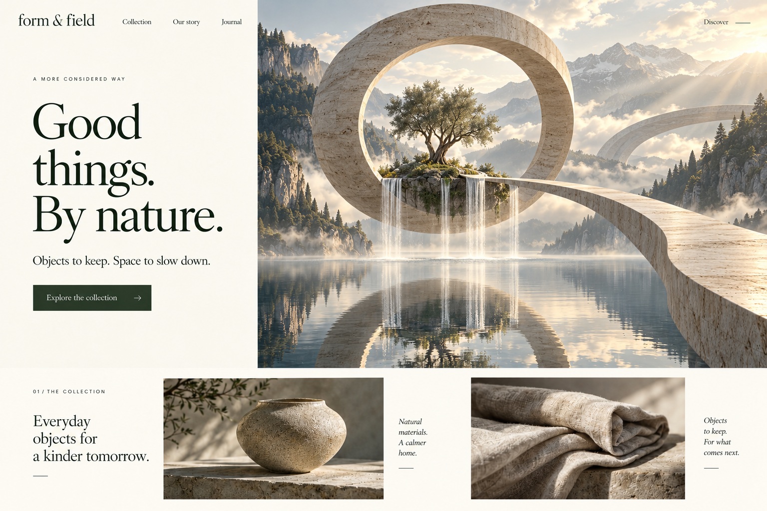 Form and Field website concept: an ivory editorial layout with monumental circular stone architecture reflected in a misty lake, natural ceramics and linen
