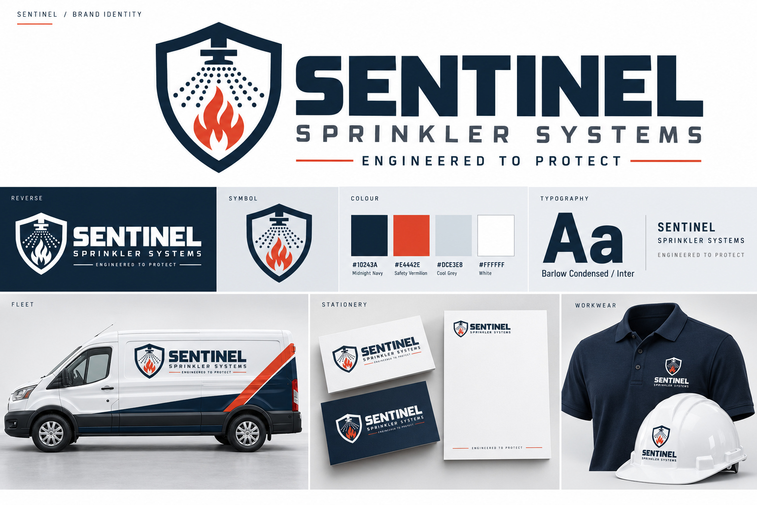 Sentinel Sprinkler Systems complete branding concept showing logo, palette, typography, van graphics, business cards, letterhead and workwear