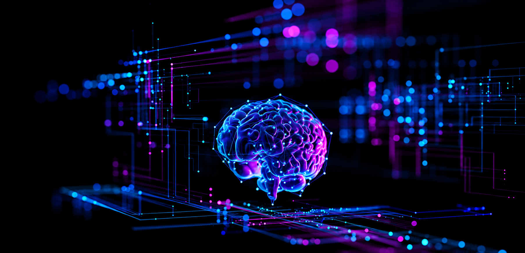 Neon blue and violet brain surrounded by illuminated circuits
