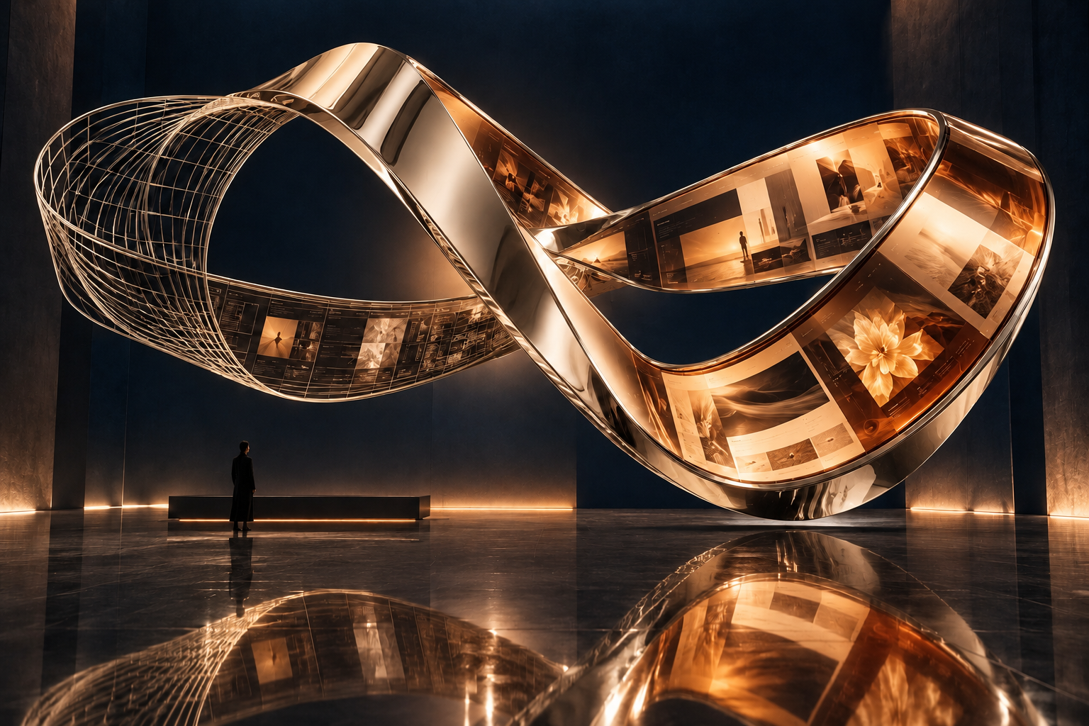 An unfolding chrome and amethyst glass sculpture transforming wireframe ideas into beautifully finished website surfaces