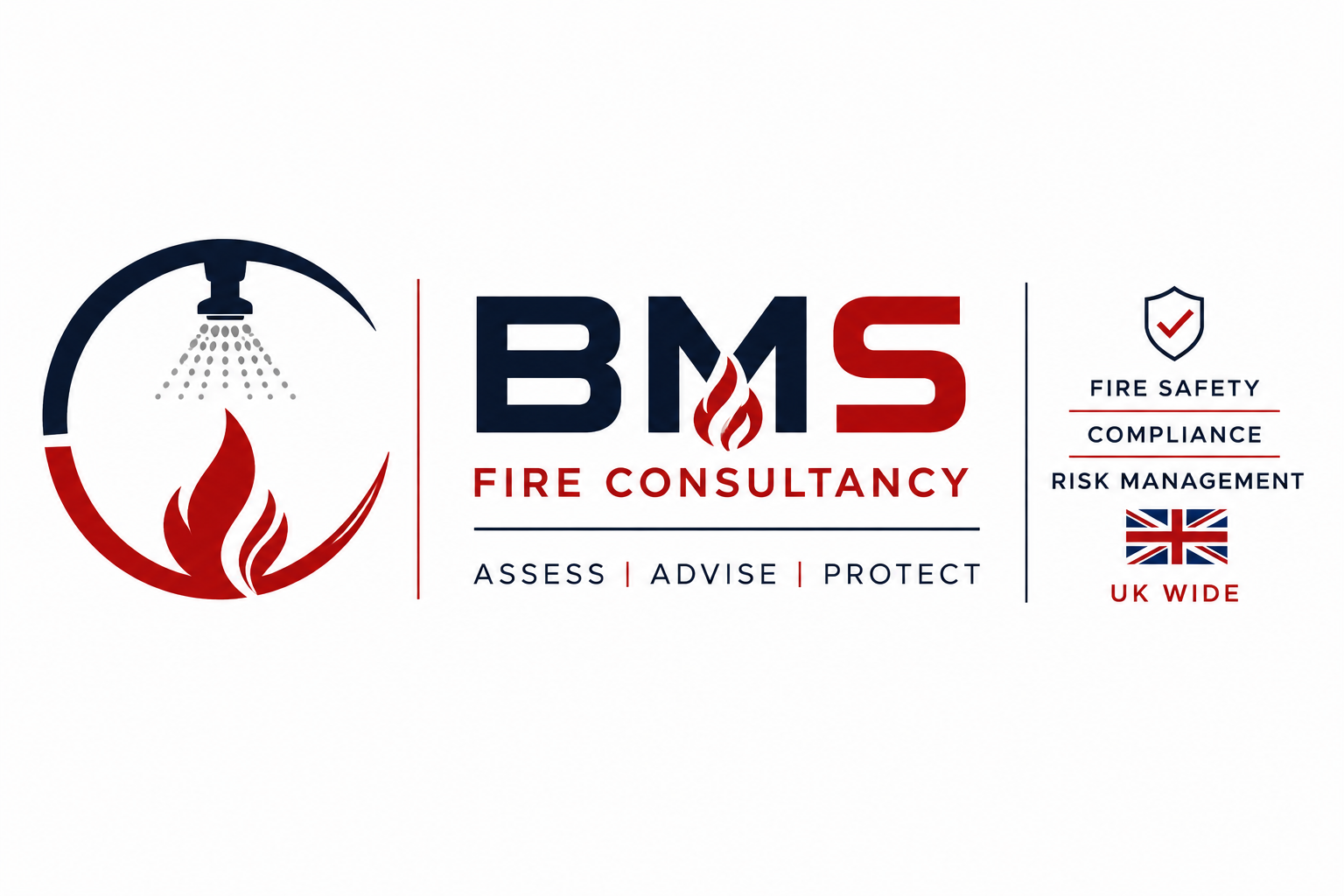Original BMS Fire Consultancy branding with navy and red lettering, sprinkler and flame emblem, and Assess Advise Protect tagline