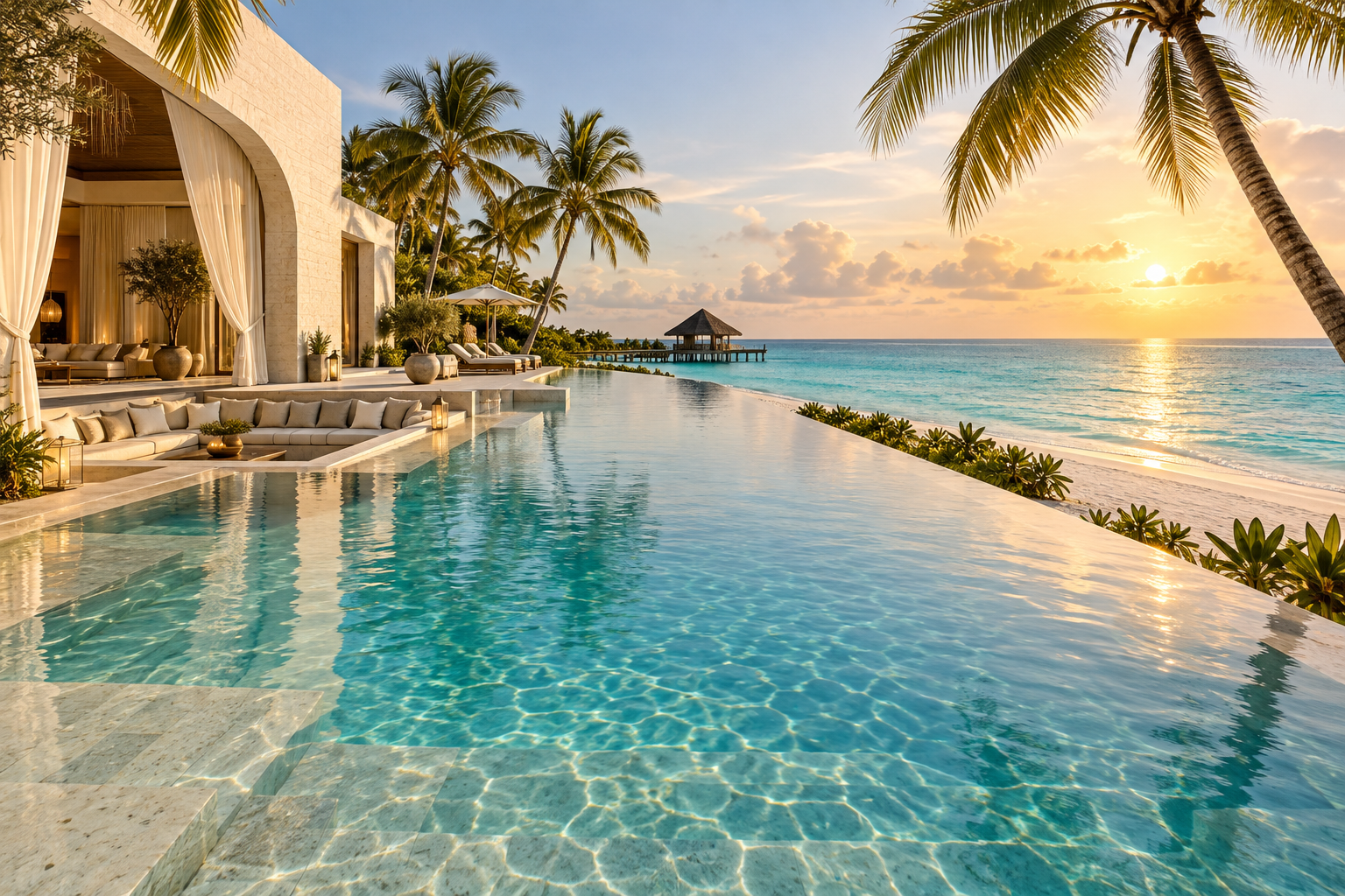 Luxury oceanfront resort with an ivory architectural pavilion, infinity pool and turquoise lagoon