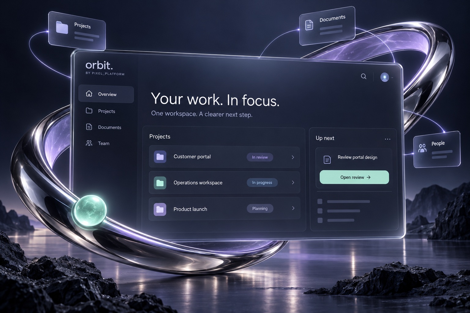 Orbit by Pixel Platform: a glass project workspace framed by a chrome and lavender orbital loop, connecting projects, documents and people