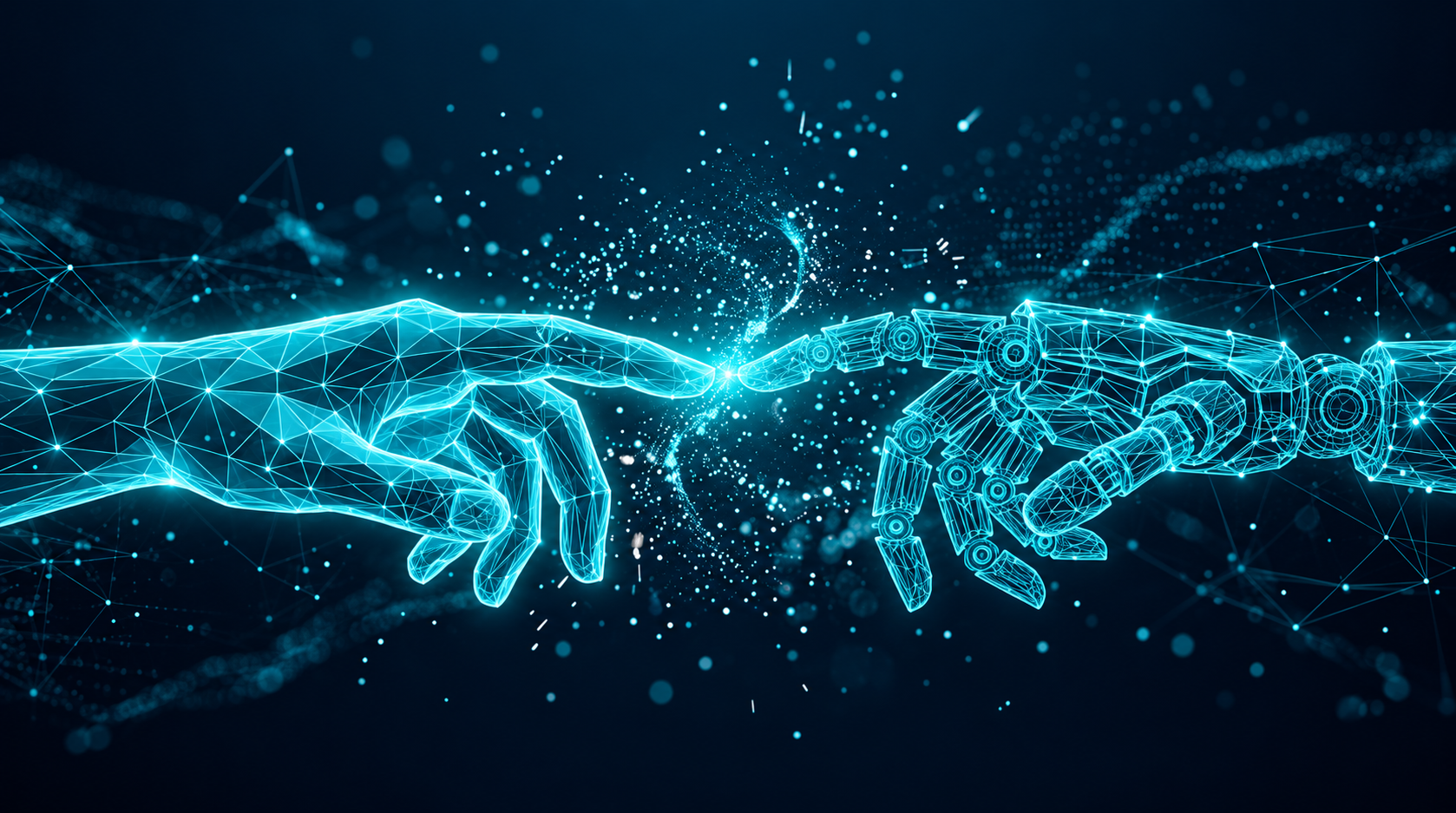 Luminous human and robotic hands reaching towards a shared point of light