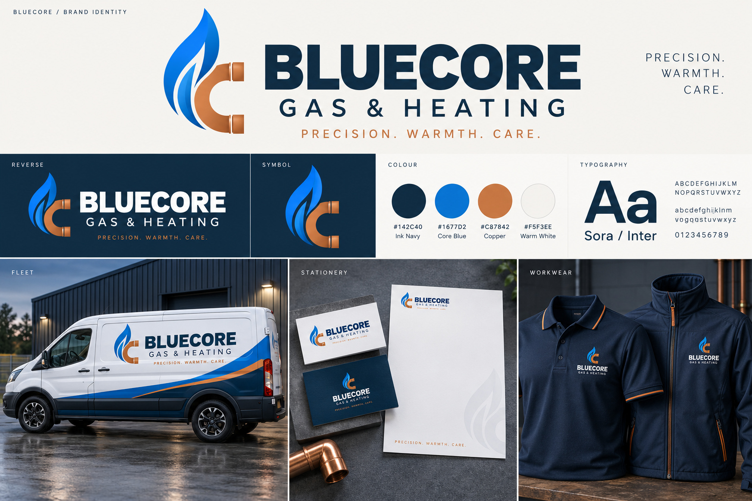 Bluecore Gas and Heating complete branding concept showing flame and copper pipe logo, colours, typography, van, stationery and branded workwear