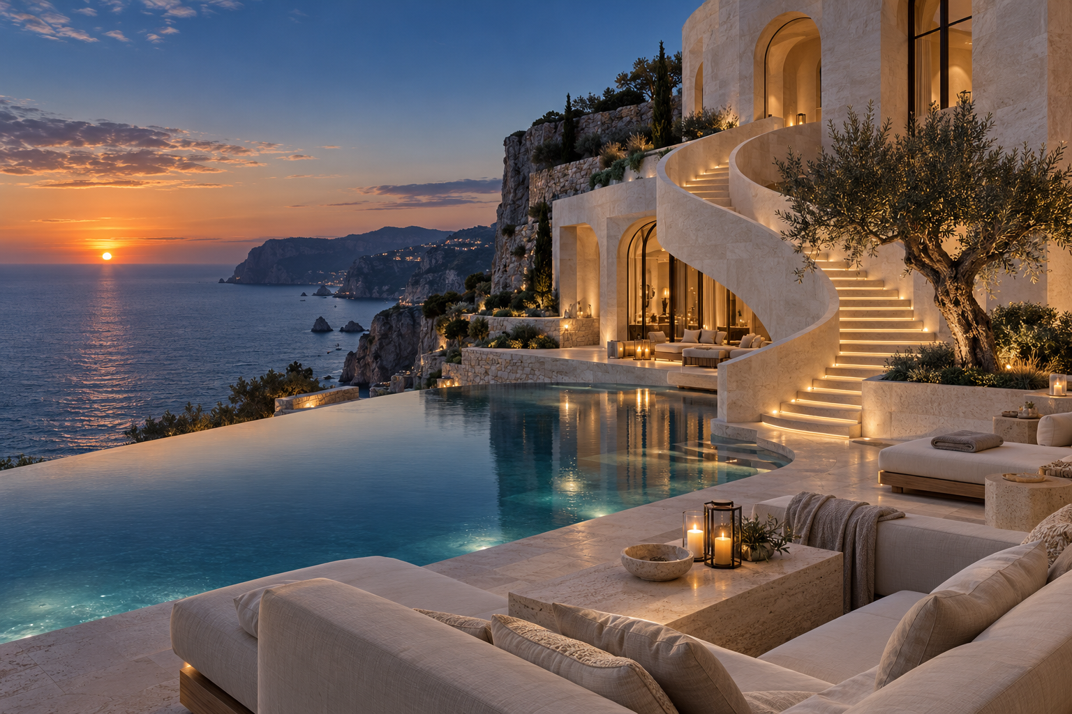 A luxury coastal hotel with a sculptural limestone staircase, illuminated arches and infinity pool overlooking the sea